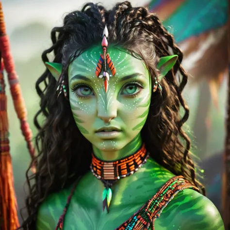 avatar style, (face portrait:1.6), 1girl, female, glowing blue eyes, pointy ears, (green skin tone:1.0), (curly hair:1.0), black...