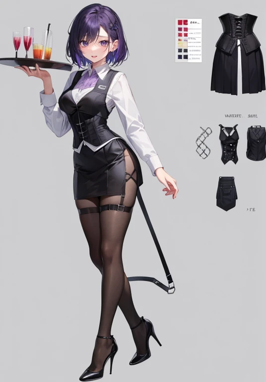 Purple Hair,Shortcuts,Adult female,(bartender),((Body Harness)),(((Rolling up the sleeves of his shirt))),((Black vest)),(corset),(Tight Skirt),(High heels),((Simple Background)),smile,((Full Body)),((full body)),Character Sheet,