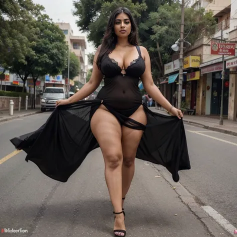 An Indian women,30 year old,pretty face,big and voluptuous breasts, gigantic and enormous butt, thickest thigh,huge knockers,widest hips, lowest waist,slim tummy, wearing revealing black Belly dance dress, walking at public road and the dress is blowing by...