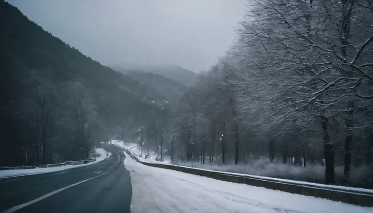 city road，There are green belts on both sides of the road，There are tall buildings along the road，There&#39;s snow on the road，Snow Scene，The road is covered with snow，No car