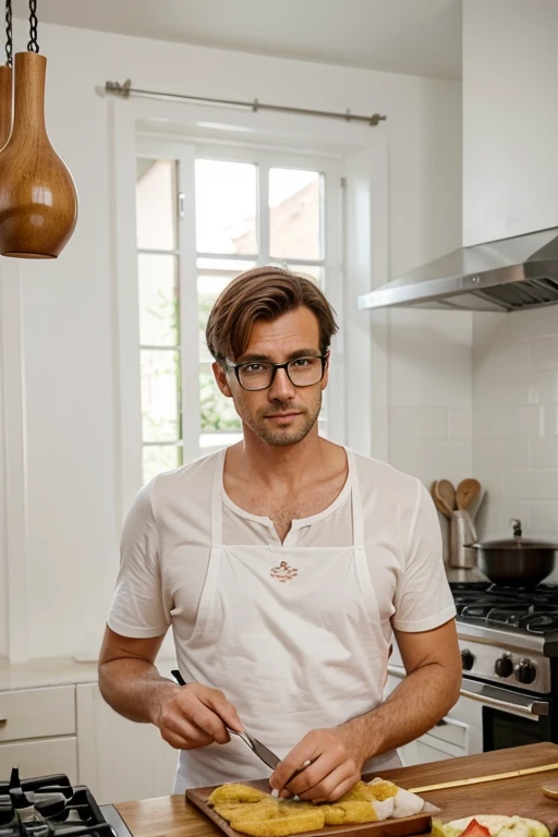 tall german married man being a good husband while cooking, de avental branco, Short hair and glasses. 