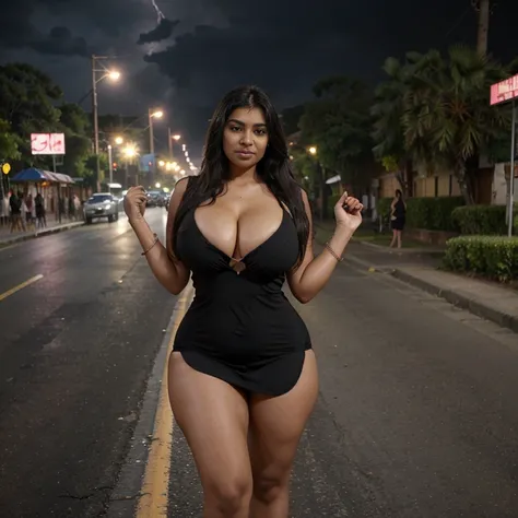 An Indian women,30 year old,cute innocent and pretty face,big and voluptuous breasts, gigantic and enormous butt, thickest thigh,huge knockers,widest hips, lowest waist,slim tummy, wearing revealing black Belly dance dress, walking at public road and the d...