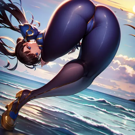 semi nua,roupa azul,solo, low lighting, chun li masterpiece, best quality, agrias, grey sweater, black leotard, standing, looking at viewer, black hair,angry,smile,sunset,lago, reflexo na agua, por do sol