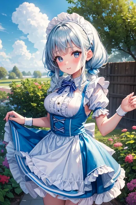  seethrough white Color micro Cheer cute girls,big breast, jump up.back style,1 girl, Solo, 11 years old, , , Cute Girl,Best Quality, Ultra-detailed, 8K, High resolution, Alice in Wonderland, Twin tail, sky blue dress, frilled dress, white apron, frilled a...