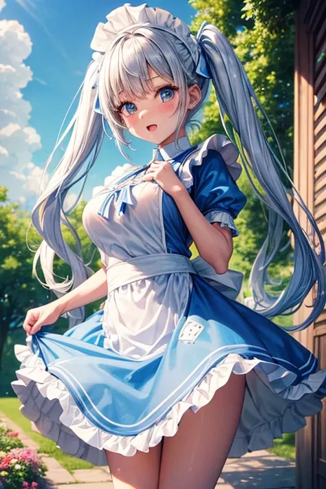  seethrough white Color micro Cheer cute girls,big breast, jump up.back style,1 girl, Solo, 11 years old, , , Cute Girl,Best Quality, Ultra-detailed, 8K, High resolution, Alice in Wonderland, Twin tail, sky blue dress, frilled dress, white apron, frilled a...