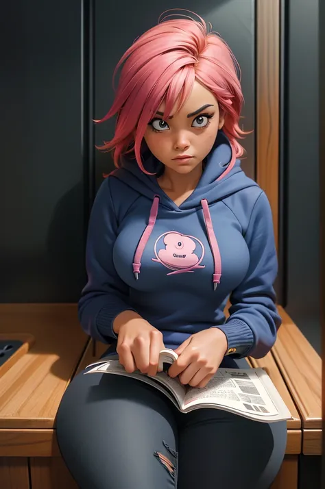 high res, detailed, power from chainsawman, person sitting in a toilet cubicle, gripping their own breast, holding a magazine in the other hand, wearing a pink low-cut hoodie and black jeans, looking up at the viewer, dramatic lighting, intense and vibrant...