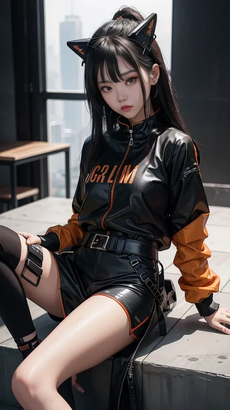 A sexy Chinese teenage girl, Make-up douyin, is wearing cool cyberpunk style clothes varying in black and orange and carrying a firearm, in a cool sitting pose, on a white background.