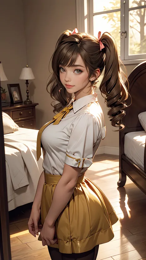 Minami Kotori, One girl, 一人in, masterpiece, One girl, highest quality, Super detailed, (Shiny), , ((bedroom)), indoor, bed, :p, blush, Ray Tracing,perfect Lighting, (Shiny skin:1.2),reflection, length_hair, Looking_in_Audience, blush, skirt, ribbon, Twin t...