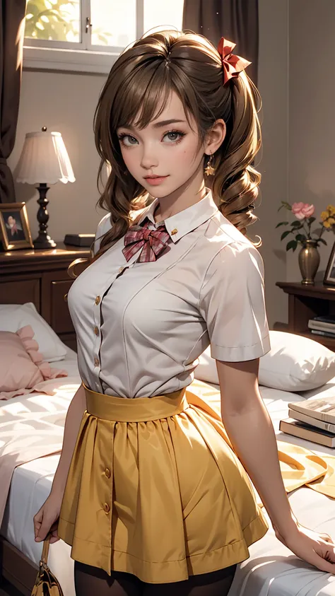 Minami Kotori, One girl, 一人in, masterpiece, One girl, highest quality, Super detailed, (Shiny), , ((bedroom)), indoor, bed, :p, blush, Ray Tracing,perfect Lighting, (Shiny skin:1.2),reflection, length_hair, Looking_in_Audience, blush, skirt, ribbon, Twin t...