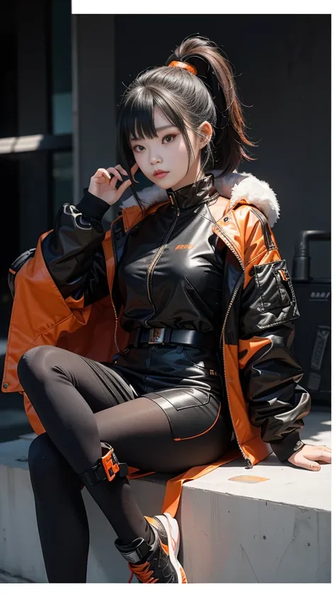 A Chinese teenage girl, Make-up douyin, is wearing cool cyberpunk style clothes varying in black and orange and carrying a firearm, in a sexy sitting pose, on a white background.