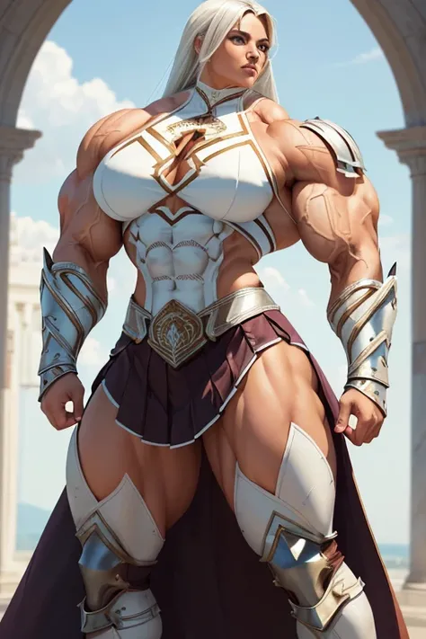 ((((Massive, tall, beautiful, buff, muscular brown skinned gladiator woman with white hair, ginormous bulky muscles and wearing an all white gladiator armor and pleated skirt)))), (close view) (vascular), ((eyepatch)), black eyeliner, massive muscle, massi...