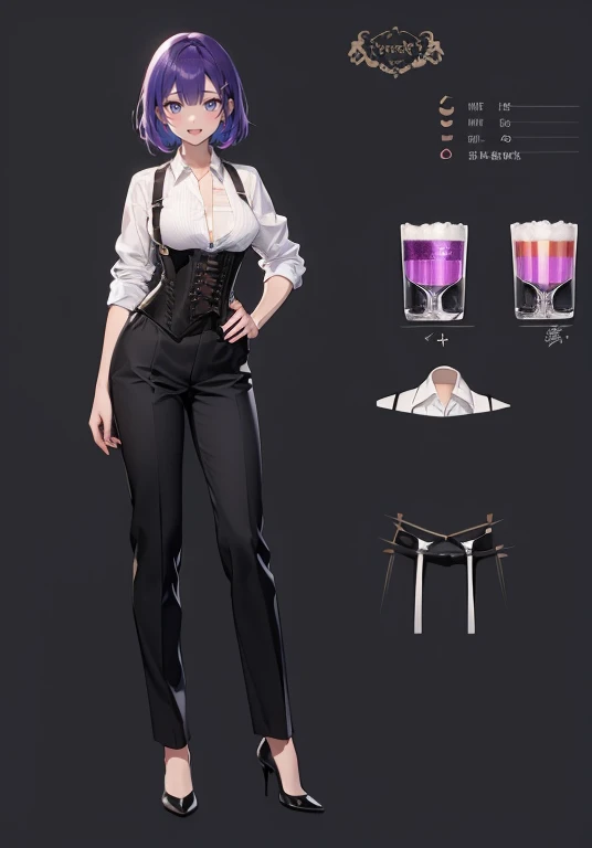 Purple hair,short hair,Adult female,(bartender),((Body Harness)),((Roll up your shirt sleeves)),(corset),(slacks),(High heels),((Simple Background)),smile,((whole body)),((full body)),Character Sheet,