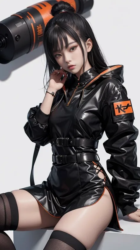 A Chinese teenage girl, Make-up douyin, is wearing cool cyberpunk style clothes varying in black and orange and carrying a katana, in a sexy sitting pose, on a white background.