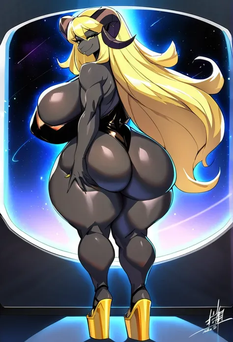 highly detailed, high quality, masterpiece, beautiful, (full shot, back side view), (((baneroku art))), bovid, caprine, goat, athletic female, mature female, dominant female, camel toe, curved leaves, mammal, 5 fingers, 5 toes, bubble butt, (((huge Breasts...