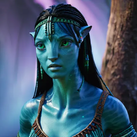 avatar style, (face portrait:1.6), na'vi, lo'ak, 1girl, asian features, female, green eyes, pointy ears, (dark blue skin tone:1....