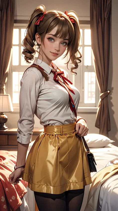 Minami Kotori, One girl, 一人in, masterpiece, One girl, highest quality, Super detailed, (Shiny), , ((bedroom)), indoor, bed, :p, blush, Ray Tracing,perfect Lighting, (Shiny skin:1.2),reflection, length_hair, Looking_in_Audience, blush, skirt, ribbon, Twin t...