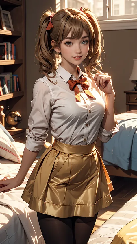 Minami Kotori, One girl, 一人in, masterpiece, One girl, highest quality, Super detailed, (Shiny), , ((bedroom)), indoor, bed, :p, blush, Ray Tracing,perfect Lighting, (Shiny skin:1.2),reflection, length_hair, Looking_in_Audience, blush, skirt, ribbon, Twin t...