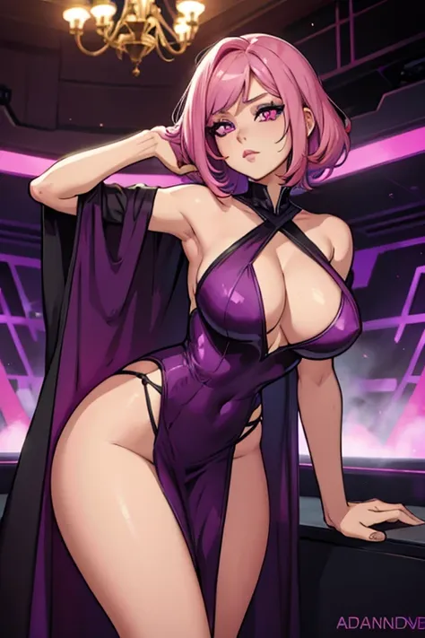 A pink haired female reaper with violet eyes with an hourglass figure in a sexy dress is posing in the club.