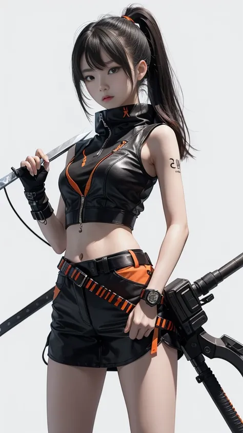 An 18 year old Korean teenage girl, Douyin, wears cool cyberpunk style clothes in variations of black and orange, poses coolly holding a sword, on a white background.