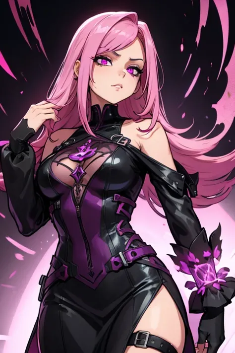 A pink haired female reaper with violet eyes with an hourglass figure in cool leather dress is walking down the runway