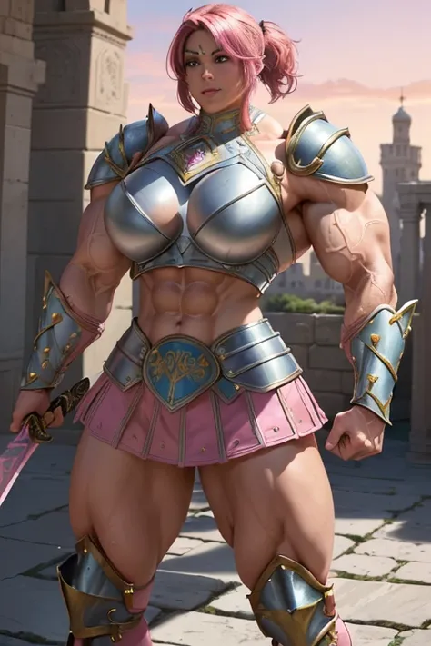 ((((Massive, tall, beautiful, buff, muscular brown skinned female gladiator with shocking pink hair, ginormous bulky muscles, holding a sword and shield and wearing an all pink gleaming gladiator armor and pleated skirt)))), (close view), black eyeliner, m...