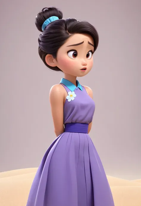 Une Japonaise de 16 ans, cheveux violet chignon en hauteur, collier bleu, dark gray tank top, terrified, englouti jusquà la taille dans le sable mouvant, style 3d pixar, (best quality, 4k, 8k, High resolution, chef-d&#39;artwork:1.2), Ultra-detailed, (Real...