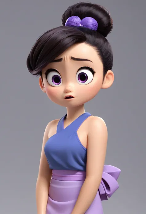 Une Japonaise de 16 ans, cheveux violet chignon en hauteur, collier bleu, dark gray tank top, terrified, englouti jusquà la taille dans le sable mouvant, style 3d pixar, (best quality, 4k, 8k, High resolution, chef-d&#39;artwork:1.2), Ultra-detailed, (Real...