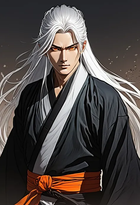 Wuxia character with white hair and orange eyes surrounded by shadows, manhwa art