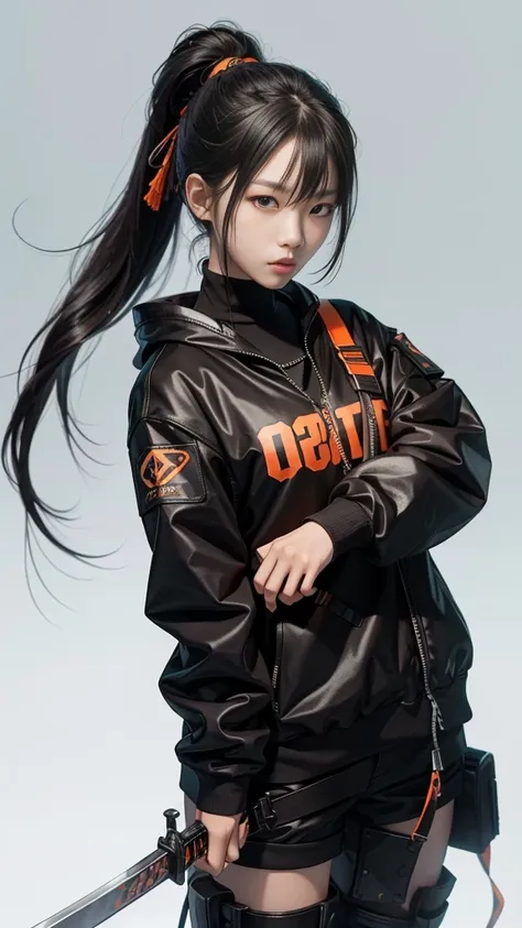 An 18 year old Korean teenage girl, Douyin, wears cool cyberpunk style clothes in variations of black and orange, poses coolly holding a sword, on a white background.