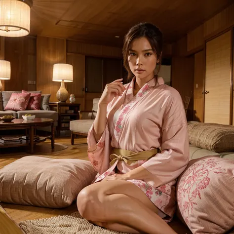 Female supermodel. Pink Kimono. Bamboo. Floor cushions. Soft lighting. Living room.