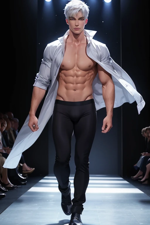 Full Body photorealistic handsome Hunky Jack Frost  underwear thong model walking in the runway for fashion show super massive bulge 