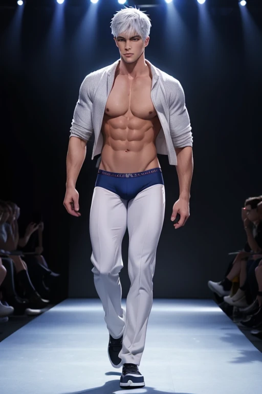 Full Body photorealistic handsome Hunky Jack Frost  underwear thong model walking in the runway for fashion show super massive bulge 