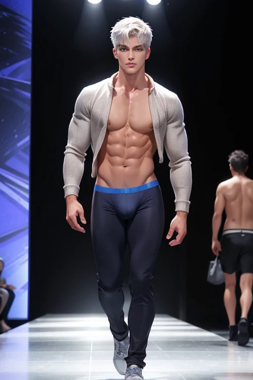 Full Body photorealistic handsome Hunky Jack Frost  underwear thong model walking in the runway for fashion show super massive bulge 