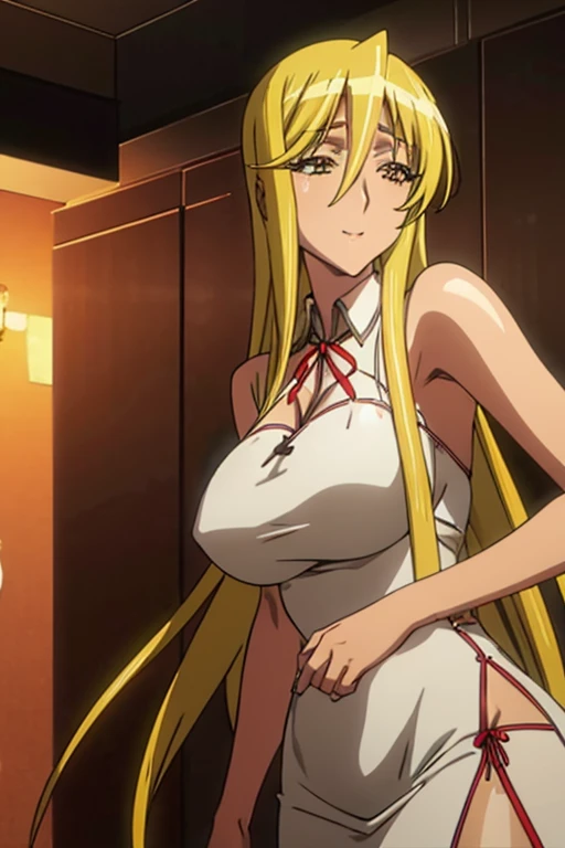 (Shizuka Marikawa Highschool of the Dead) Solo girl, Long Hair, big breasts, white skin, sexy body, sexy Red Dress, slit Dress, big eyes, anime eyes, long eyelashes, split cloth, realistic, smile, old town background, pookies, details face, hair details, p...