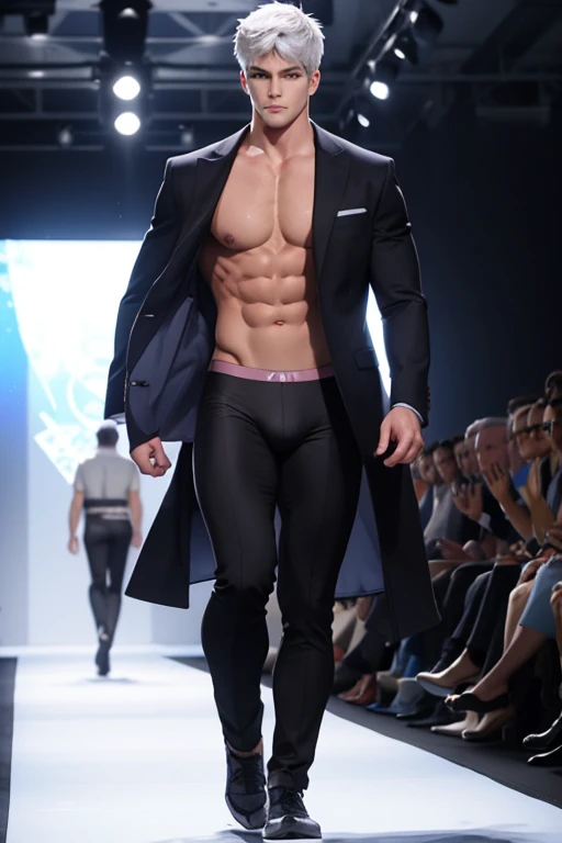 Full Body photorealistic handsome Hunky Jack Frost  underwear thong model walking in the runway for fashion show super massive bulge 