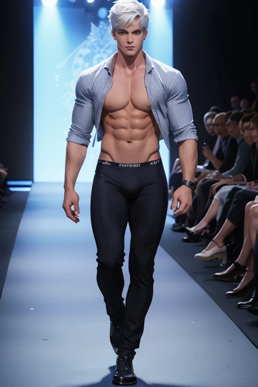 Full Body photorealistic handsome Hunky Jack Frost  underwear thong model walking in the runway for fashion show super massive bulge 