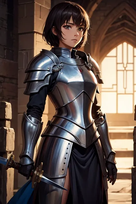 (masterpiece), best quality, expressive eyes, perfect face, correct anatomy, (female knight in shining armor), brown skin, short hair, brunette, (Casca), sword ready, empty battlefield, brave, proud, strong, happy, dawn