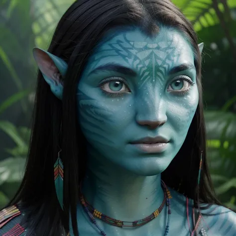 avatar style, (face portrait:1.6), naavi,1girl, asian female, glowing blue eyes, pointy ears, (light blue skin tone:1.0), (strai...