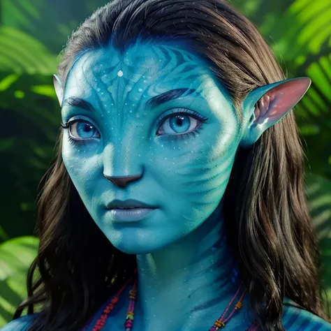 avatar style, (face portrait:1.6), naavi, 1girl, asian female, glowing blue eyes, ((eyebrowless)), pointy ears, (light blue skin...