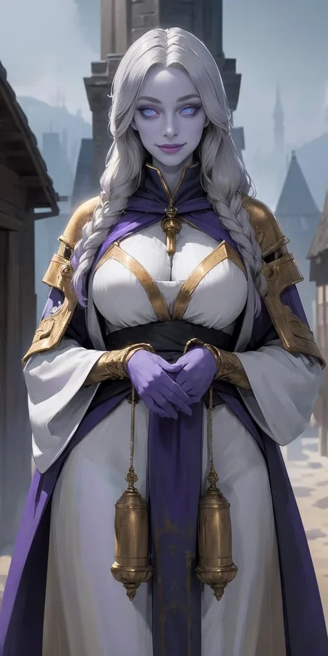 (Triplets)(chest covered) (smile) gray skin, pale golden hair and violet eyes. They prefer clothing of white and silver with cloaks of deep blue or purple, village background, huge knockers ((very precise detailed)) ((high res)