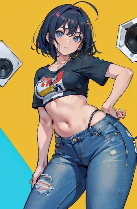 (Hinata Hyuuga, muito sensual, com roupas apertadas, bunda grande, pernas grossas, Vestindo jeans extremamente apertado, usando uma mini blusa, umbigo com pirsing, cabelo grande, Speaker behind, muito realista, extremamente sexy, 8k, 8k extremamente detalh...