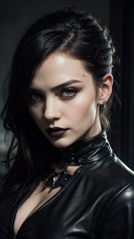 (best quality,4k,8k,highres,masterpiece:1.2),ultra-detailed,realistic,gothic rock lady,leather pants,smokey eyes,black lips,dark atmosphere,dramatic lighting,intense expression,mysterious aura,detailed hair texture,pale skin,high contrast,heavy eyeliner,go...