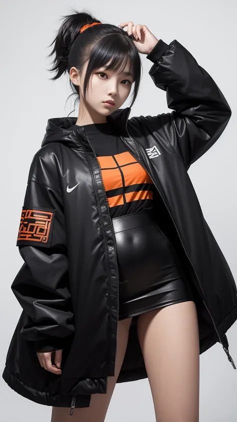 An 18 year old Korean teenage girl, Douyin, wears cool cyberpunk style clothes in variations of black and orange, poses sexy while carrying a katana, on a white background.