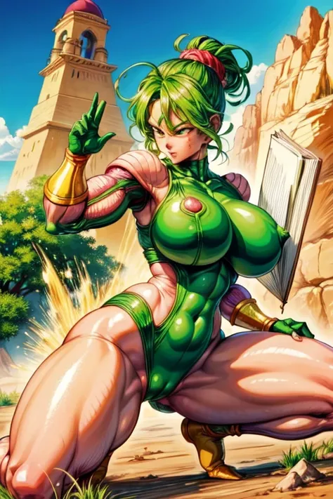 Browsing Caution、(highest quality:1.4)、High resolution、Detailed Background、desert、woman、Dragon Ball、Anatomically correct proportions、Green hair tied up、(Green skin)、((Browsing Caution、Big Breasts))、Erect nipples、Sweaty skin、Spread your legs and do a squat、...