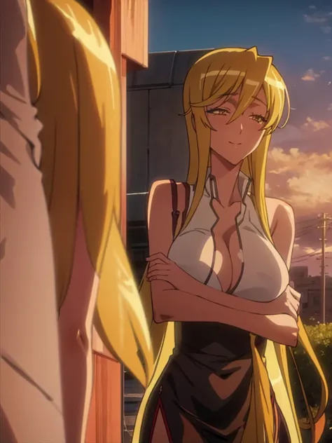 (Shizuka Marikawa Highschool of the Dead) HD Solo girl, Long Hair, big breasts, white skin, sexy body, sexy Red Dress, slit Dress, split cloth, realistic, smile, wind blowing hair and cloth, beautiful lakeside background