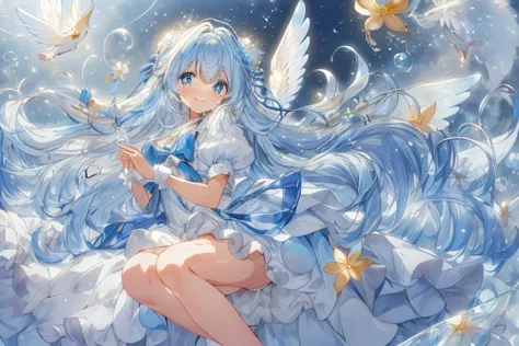 (lots of soap bubbles), a dreamy, fluffy and cute atmosphere. a moe anime style bishoujo with big sparkling blue eyes and a fluf...