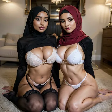 In the intimate settings of living room, (two) voluptuous sexually attractive hourglass figure depraved ((cute)) ((baby faces)) tween ((petite)) teen (hijabi) (Muslim) 14-years-old schoolgirls knelt side by side on the floor, radiating lust and sexual desi...