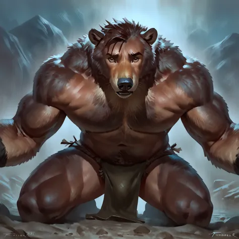 male bear mid transformation, by taran fiddler, solo, masterpiece, best art, loincloth, detailed hands, detailed eyes, detailed torso, pain expression, night, closed eyes, muscular, concept art, female pov 