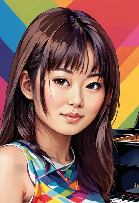 WPAP Style, a close up of a japanese woman playing a piano on a colorful background, vector art style, piano, in style of digital illustration, extremely high quality artwork, vector art, vector artwork, high quality portrait,  digital art illustration, ar...