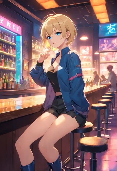 17 years old Women, ((Blonde)), ((Blue eyes)), ((Short hair)), ((Full shot)), very detailed makeup, pale pink lipstick, long earrings, bare shoulders and jewelry. dressed cyberpunk style sitting on a bar floor in a futuristic bar with one leg stretched out...